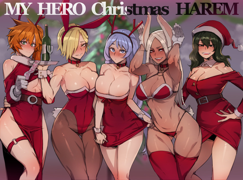 animal_humanoid bell bell_collar big_breasts blonde_hair blush bra breast_squish breasts breasts_frottage bunny_costume butt_from_the_front cleavage clothed clothing collar condom costume fake_antlers fake_ears fake_rabbit_ears female female/female green_hair grey_hair hair hair_over_eye hand_holding hand_on_hip hi_res humanoid interlocked_fingers lagomorph lagomorph_humanoid leporid_humanoid long_hair looking_at_viewer mammal mammal_humanoid miruko my_hero_academia one_eye_obstructed open_mouth open_smile panties rabbit_humanoid ratatatat74 sexual_barrier_device short_hair smile squish thong underwear wide_hips