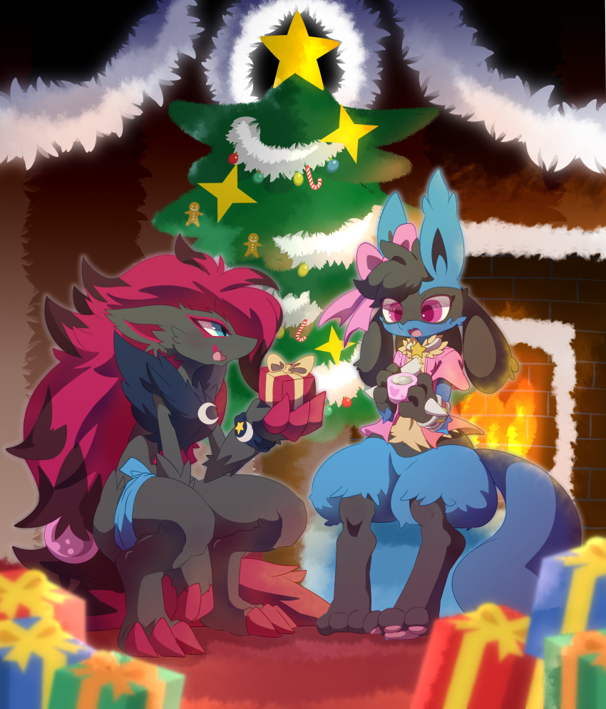 absurd_res anthro christmas claws duo fluffy hi_res holidays love lucario luka_(lucario) lux_(zoroark) male male/male nintendo nyaswitchnya paws pink pok&eacute;mon pok&eacute;mon_(species) romantic_couple video_games