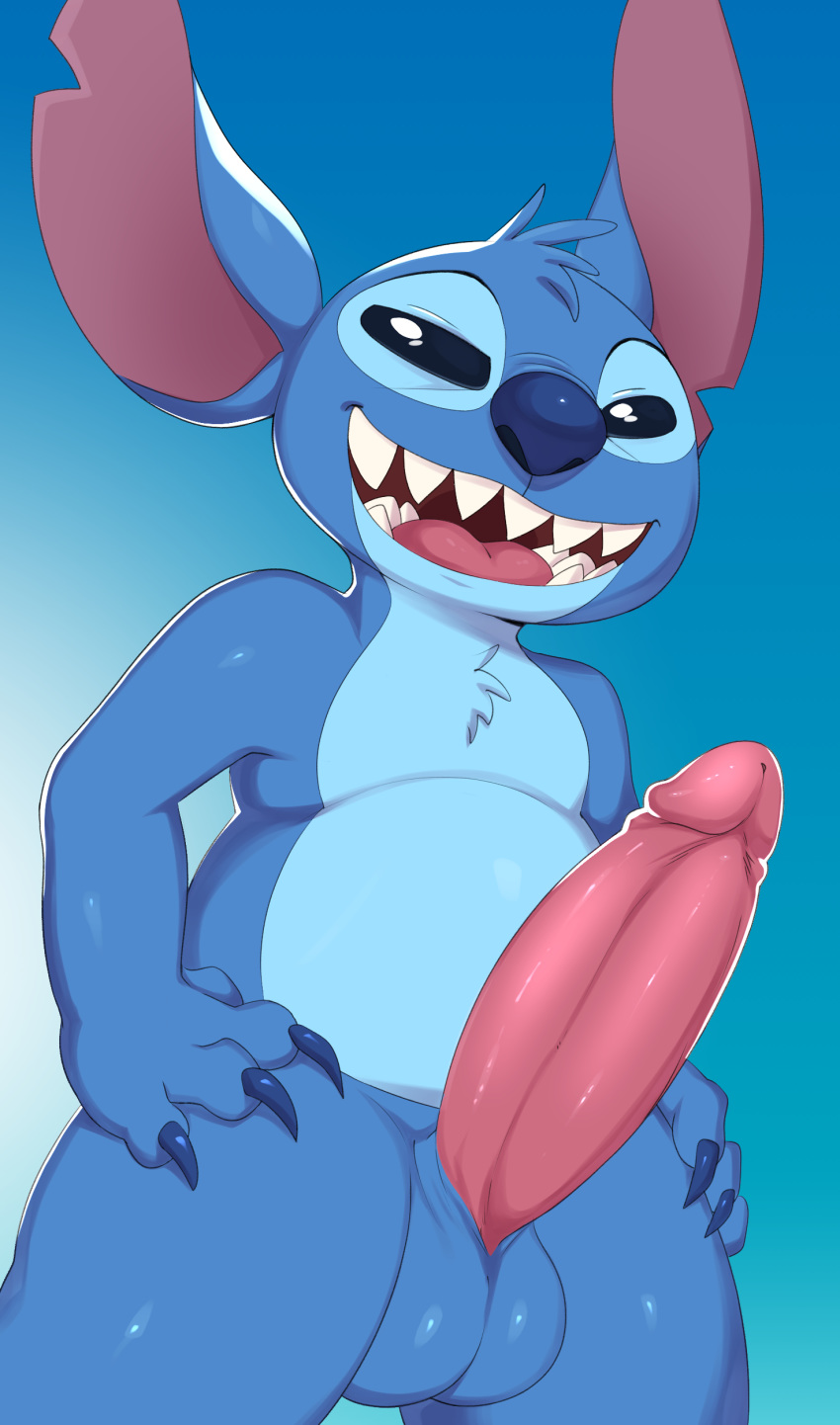 4_fingers absurd_res alien anthro balls big_balls big_ears big_nose big_penis black_eyes blue_background blue_balls blue_claws blue_nose chest_tuft claws disney erection experiment_(lilo_and_stitch) finger_claws fingers genitals glans gradient_background half-closed_eyes hands_on_hips hi_res humanoid_genitalia humanoid_penis jerseydevil lilo_and_stitch looking_down low-angle_view male narrowed_eyes notched_ear nude open_mouth open_smile penis pink_glans pink_inner_ear pink_penis pupils sharp_teeth simple_background smile solo stitch_(lilo_and_stitch) teeth thick_thighs tuft white_background white_pupils