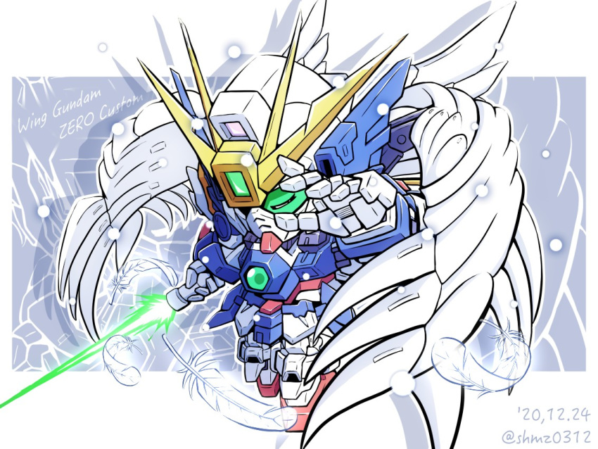 artist_name beam_saber character_name chibi dated feathers green_eyes gundam gundam_wing gundam_wing_endless_waltz holding holding_sword holding_weapon mecha no_humans open_hand shokkaa_(shmz61312) solo sword v-fin weapon wing_gundam_zero_custom wings