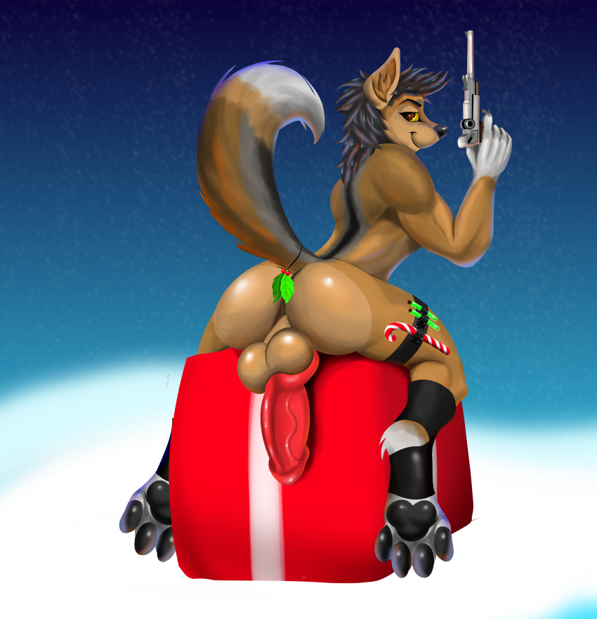 absurd_res accidental_holly anthro balls butt canid canine canis christmas coyote genitals gun hi_res holidays holly_(plant) knot male mammal penis plant ranged_weapon smartwhitefang solo the_naughty_coyote weapon yiffmas
