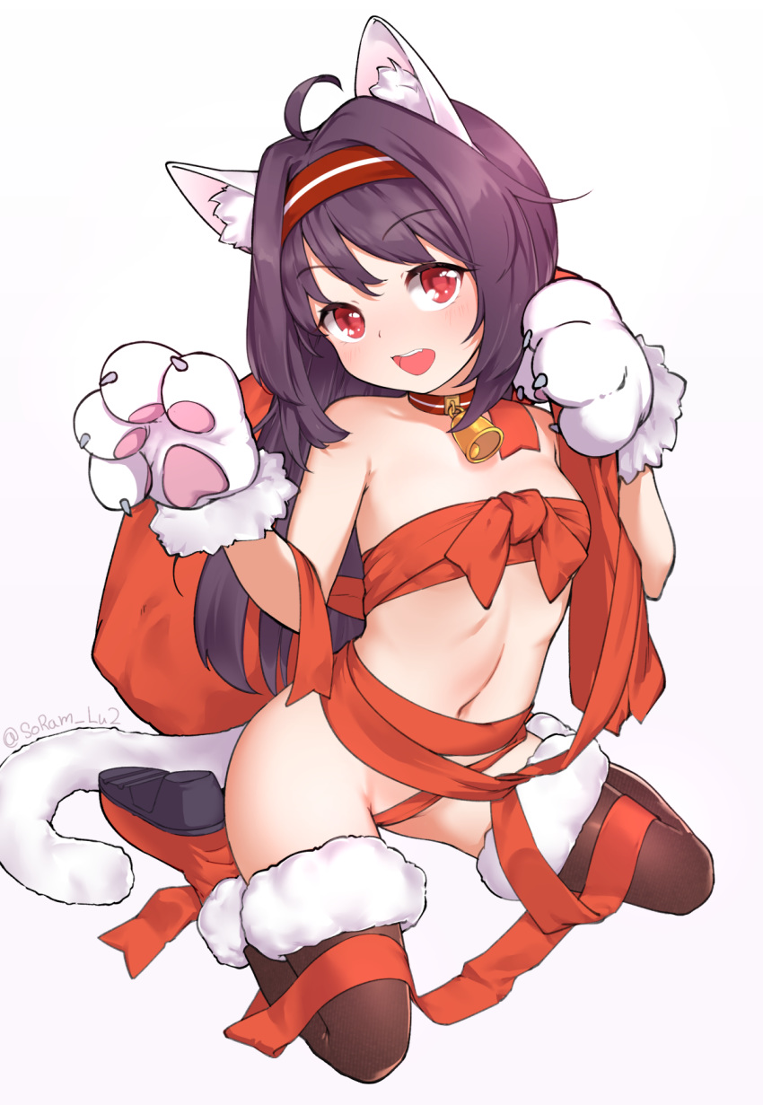 1girl :d ahoge animal_ear_fluff animal_ears artist_name bangs bare_shoulders bell blush breasts cat_ears cat_tail collarbone commentary_request full_body gloves hairband highres kemonomimi_mode lavie long_hair looking_at_viewer naked_ribbon navel open_mouth paw_gloves paws purple_hair red_eyes red_footwear red_hairband red_ribbon ribbon shoes simple_background small_breasts smile solo sword_art_online tail thighhighs white_background yuuki_(sao)