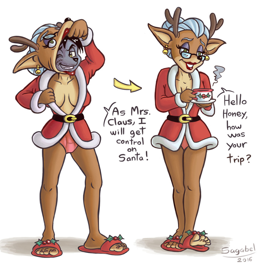 age_difference anthro bodysuit breasts brown_body brown_fur canid canine canis capreoline cervid christmas christmas_clothing clothed clothing crossdressing digital_media_(artwork) eyewear feet female fur glasses grandmother grandparent hi_res holidays humanoid_feet male male/female mammal mask mask_off masking mrs._claus older_female panties plantigrade reindeer sagabel simple_background skinsuit slippers solo suiting tight_clothing toes underwear wolf