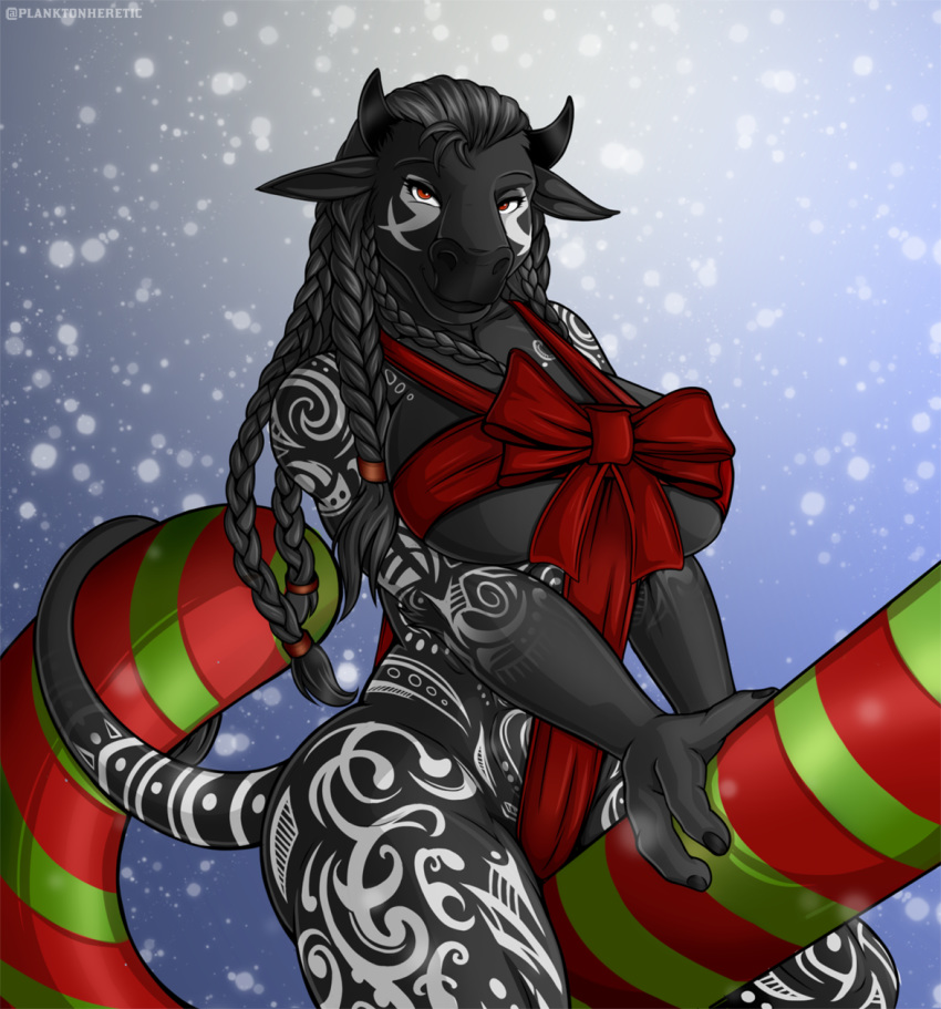 2020 3_fingers abs anthro big_breasts black_body black_fur black_hair blizzard_entertainment bovid bovine bow_(knot) braided_hair breasts butt candy candy_cane christmas dessert ebon_thundermoon eyelashes female fingers food fur hair hi_res holidays horn looking_at_viewer mammal markings mostly_nude muscular muscular_anthro muscular_female pinup planktonheretic portrait pose quads red_eyes sitting snow solo tattoo tauren thick_thighs three-quarter_portrait tribal_markings tribal_tattoo video_games warcraft white_markings wide_hips wrappings