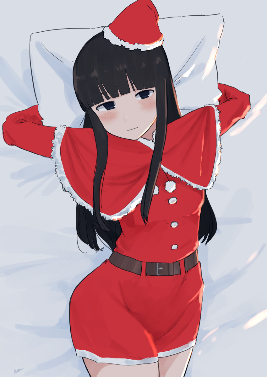 1girl 4me_4ma absurdres alternate_costume arms_behind_head arms_up bangs bed bed_sheet black_eyes black_hair blunt_bangs blush capelet christmas closed_mouth dress fur_trim hat hatsuyuki_(kantai_collection) highres hime_cut kantai_collection long_hair long_sleeves looking_at_viewer lying on_back on_bed pillow red_capelet red_dress santa_costume santa_hat sidelocks solo