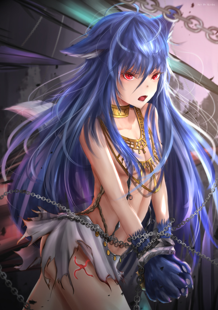 1girl absurdres ahoge animal_ears artist_name ass bare_arms bare_legs bare_shoulders blue_hair bound bound_wrists breasts chain claws collar collarbone fangs fenrir_(shingeki_no_bahamut) fur granblue_fantasy hair_between_eyes highres kayjae long_hair paws red_eyes shingeki_no_bahamut solo standing tail torn_clothes very_long_hair wolf_ears wolf_girl wolf_tail