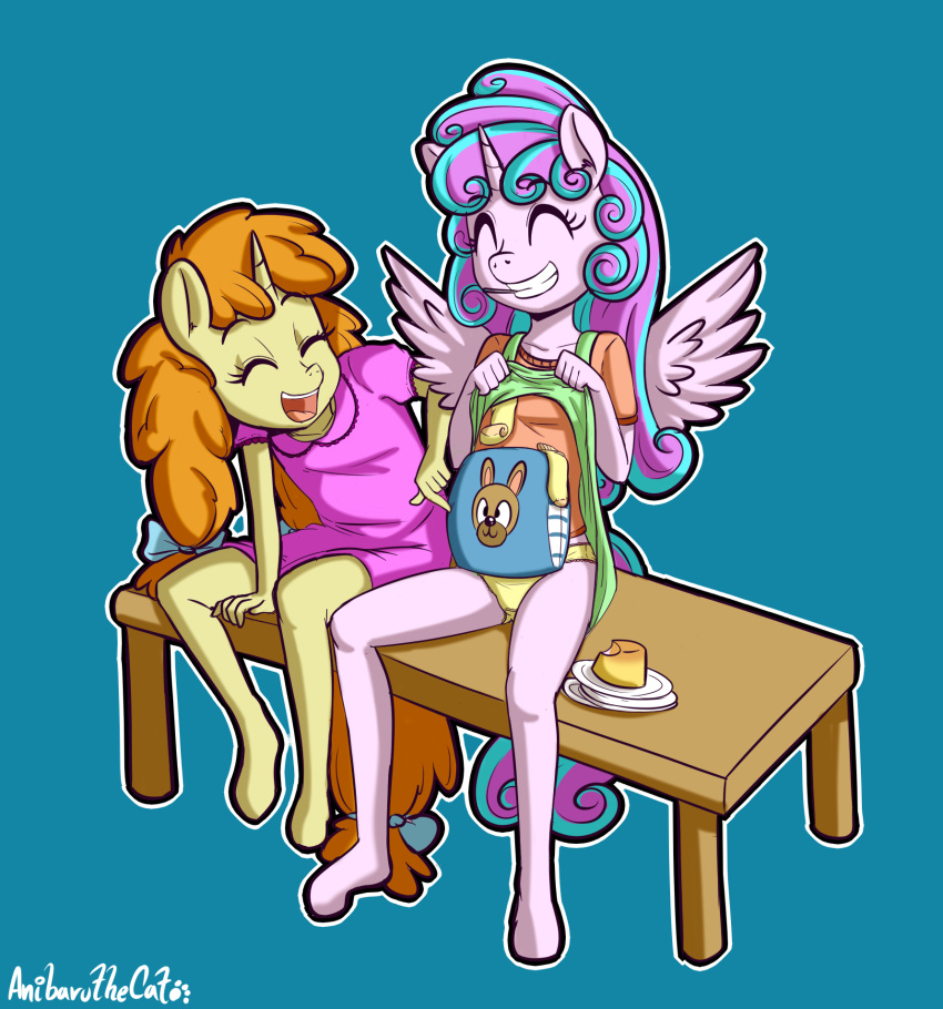 5_fingers aged_up anibaruthecat anthro clothed clothing clothing_lift duo equid equine eyebrows eyelashes eyes_closed female fingers flurry_heart_(mlp) food friendship_is_magic grin hasbro hi_res horn mammal my_little_pony panties pumpkin_cake_(mlp) simple_background sitting smile underwear unicorn winged_unicorn wings young