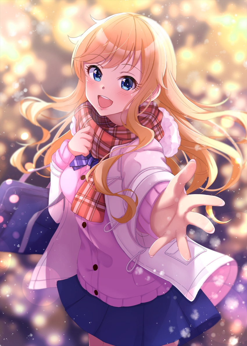 1girl :d bag bangs blonde_hair blue_bag blue_eyes blue_skirt blush breasts brown_scarf cardigan commentary_request cowboy_shot eyebrows_visible_through_hair fur-trimmed_jacket fur_trim hands_up highres idolmaster idolmaster_cinderella_girls idolmaster_cinderella_girls_starlight_stage jacket jewelry long_hair long_sleeves looking_at_viewer miniskirt namidako ootsuki_yui open_clothes open_mouth outdoors outstretched_arm pink_cardigan plaid plaid_scarf pleated_skirt scarf skirt smile solo upper_teeth white_jacket