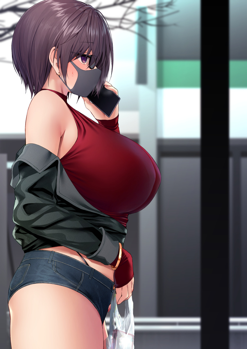 1girl absurdres bag black_jacket blue_shorts blush bracelet breasts brown_hair cellphone commentary_request earrings eyebrows_visible_through_hair highres holding holding_bag holding_phone huge_breasts jacket jewelry large_breasts mask mouth_mask original outdoors phone profile purple_eyes red_shirt satou_kuuki shirt short_hair short_shorts shorts sleeveless sleeveless_shirt solo sunglasses sweatdrop thighs