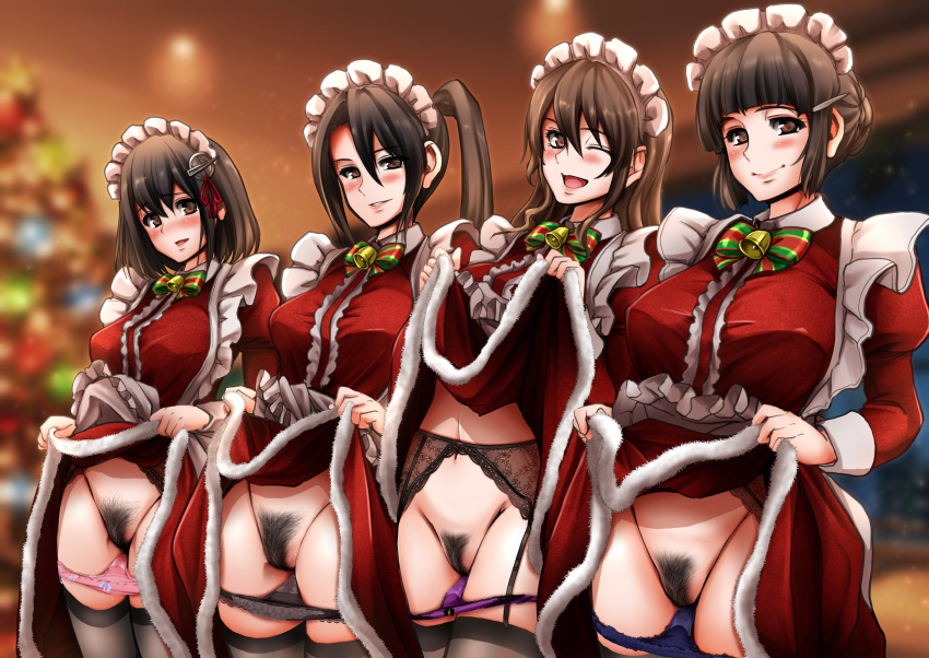 4girls alternate_costume apron arekishi_raiho ashigara_(kantai_collection) black_hair black_legwear black_panties blue_panties blurry braid braided_bun brown_eyes brown_hair christmas_tree commentary_request cowboy_shot depth_of_field dress dress_lift enmaided female_pubic_hair frilled_apron frills garter_belt haguro_(kantai_collection) hair_bun hair_ornament highres indoors kantai_collection long_hair looking_at_viewer maid maid_headdress multiple_girls myoukou_(kantai_collection) nachi_(kantai_collection) one_eye_closed panties panty_pull pink_panties pubic_hair purple_panties red_dress short_hair side_ponytail thighhighs underwear white_apron window