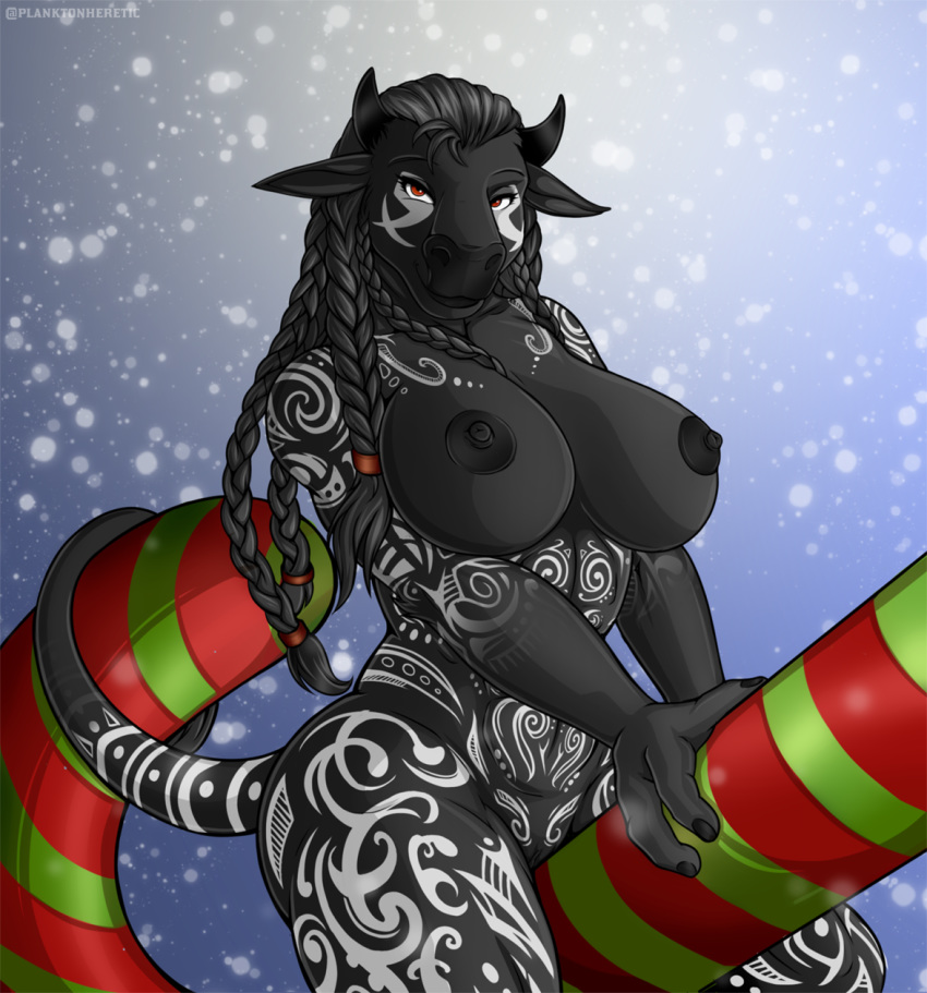 2020 3_fingers abs anthro areola big_breasts black_areola black_body black_fur black_hair black_nipples blizzard_entertainment bovid bovine braided_hair breasts butt candy candy_cane christmas dessert ebon_thundermoon eyelashes female fingers food fur genitals hair hi_res holidays horn looking_at_viewer mammal markings muscular muscular_anthro muscular_female nipples nude pinup planktonheretic portrait pose pussy quads red_eyes sitting snow solo tattoo tauren thick_thighs three-quarter_portrait tribal_markings tribal_tattoo video_games warcraft white_markings wide_hips wrappings