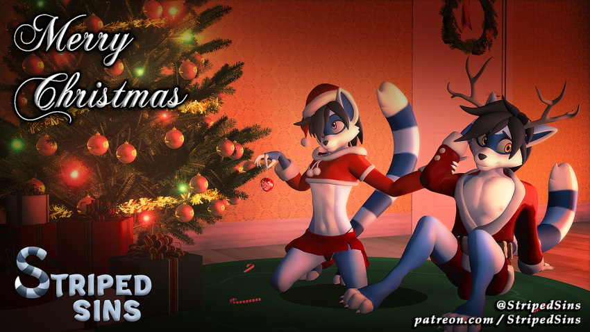 16:9 anthro antlers baubles blush bottomwear brother brother_and_sister bulge christmas christmas_card christmas_clothing christmas_decorations christmas_headwear christmas_lights christmas_present christmas_tree clothing crop_top duo embarrasing embarrassed exposed_chest felix_(striped_sins) female grabbing_arm hat headgear headwear holidays horn implied_incest kneeling looking_away male mammal merry_christmas midriff miniskirt panties plant procyonid raccoon ryder_(striped_sins) santa_hat sexy_santa shirt sibling sibling_lust sibling_romance sister sitting skirt spread_legs spreading striped_sins striped_tail stripes text topwear tree underwear url widescreen willitfit wreath