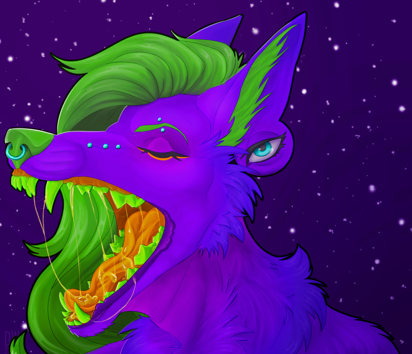 absurd_res anthro blue_eyes bodily_fluids canid canine deanwolfwood eyebrow_piercing facial_piercing green_hair green_teeth hair hi_res male mammal mouth_shot nose_piercing open_mouth orange_tongue piercing purple_body saliva saliva_on_tongue saliva_string snout_piercing solo teeth tongue