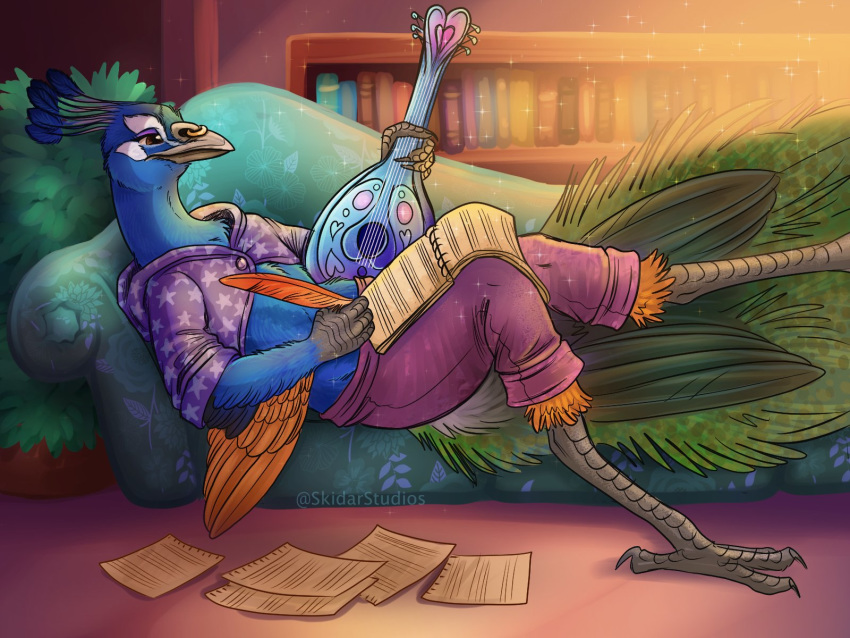 ambiguous_gender anthro avian beak bird black_beak black_claws blue_body blue_feathers book claws clothed clothing detailed_background evening feathers furniture galliform green_body green_feathers hi_res humanoid_hands inside loose_feather lounging lute musical_instrument paper peafowl phasianid plucked_string_instrument quill skidarstudios sofa solo string_instrument writing_text