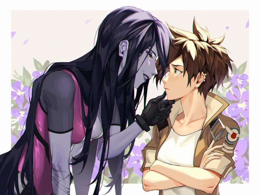 2girls absurdres breasts brown_eyes brown_hair cleavage collarbone colored_skin earrings floral_background gloves hand_on_another's_face highres jacket jewelry long_hair maro_(lij512) multiple_girls open_clothes open_jacket overwatch parted_lips purple_hair purple_skin short_hair spiked_hair tracer_(overwatch) widowmaker_(overwatch)