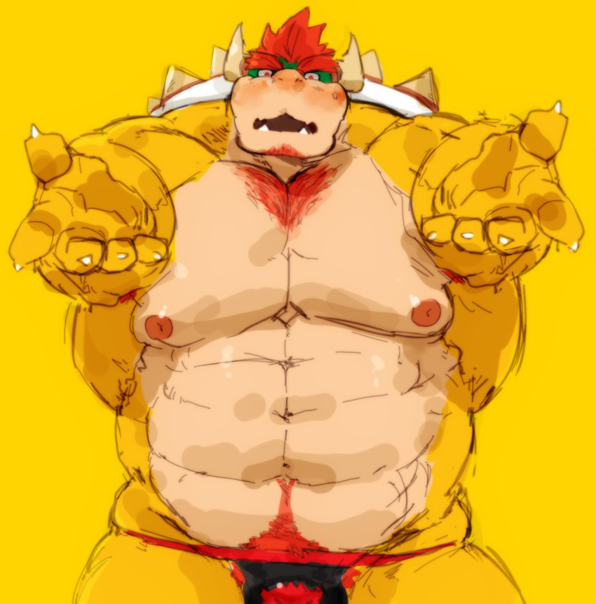 2020 abs anthro barazoku beard big_muscles blush body_hair bowser chest_hair clothing eyebrows facial_hair gesture hair happy_trail hi_res horn koopa looking_at_viewer male mario_bros meme muscular muscular_anthro muscular_male navel nintendo nipples open_mouth pecs pubes red_hair scalie shell simple_background solo spiked_shell spikes spikes_(anatomy) thick_eyebrows thong tora_gy underwear video_games yellow_background yellow_body