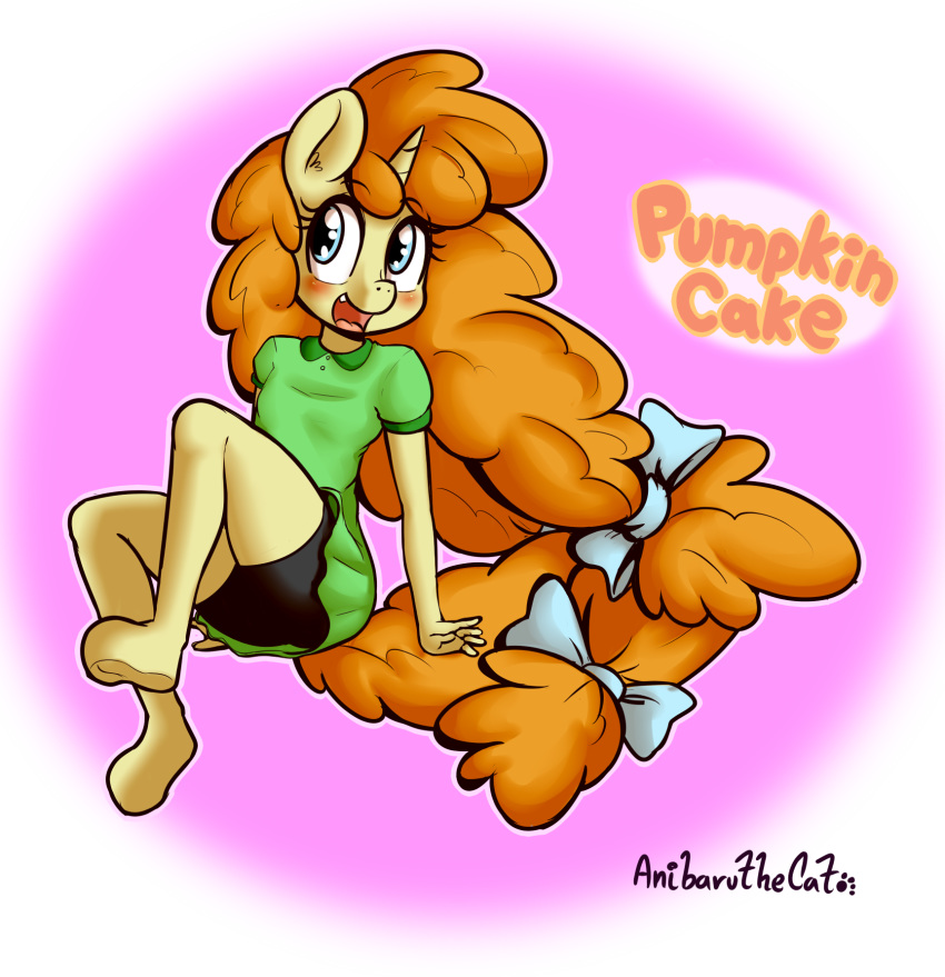 5_fingers aged_up anibaruthecat anthro blush clothed clothing english_text equid equine eyelashes female fingers friendship_is_magic hasbro hi_res horn mammal my_little_pony open_mouth pumpkin_cake_(mlp) simple_background solo text unicorn young