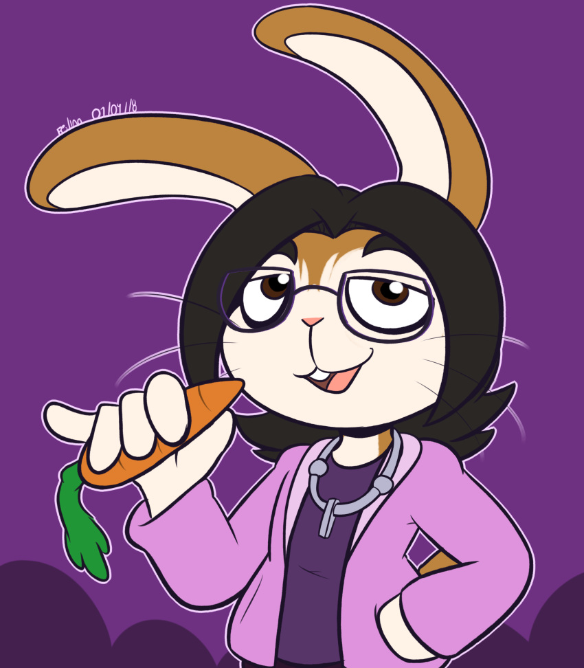 2018 5_fingers absurd_res alternate_species anthro brown_eyes brown_hair buckteeth carrot clothed clothing digital_media_(artwork) eyewear felino fingers floppy_ears food glasses hair half-length_portrait hand_on_hip hi_res holding_carrot holding_food holding_object holding_vegetable hoodie jewelry lagomorph leporid looking_at_viewer looking_up male mammal necklace open_mouth peter_the_cat pink_clothing pink_hoodie pink_nose pink_topwear plant portrait purple_background purple_clothing purple_eyewear purple_glasses purple_shirt purple_topwear rabbit shirt simple_background solo teeth topwear vegetable whiskers