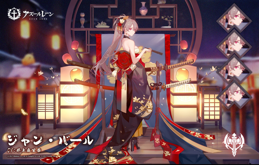 1girl ask_(askzy) azur_lane backless_outfit bare_shoulders black_footwear breasts earrings expressions fan flower folding_fan full_body high_heels highres holding holding_fan jean_bart_(azur_lane) jewelry katana long_hair looking_at_viewer looking_back medium_breasts official_art purple_eyes red_flower sheath sheathed solo sword tagme vichya_dominion_(emblem) weapon