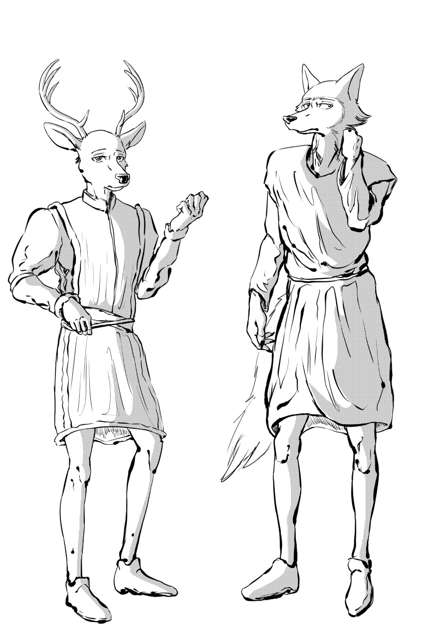 2020 absurd_res anthro antlers beastars black_and_white canid canine canis cervid clothed clothing duo ffog footwear hand_behind_head hi_res horn legoshi_(beastars) louis_(beastars) male mammal medieval_clothing monochrome pose renaissance shoes standing topwear tunic vest wolf