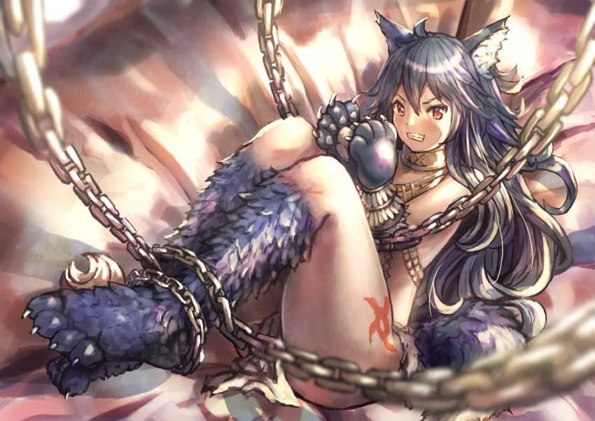 1girl ahoge animal_ears bare_arms bare_legs bare_shoulders blue_hair bound bound_legs bound_wrists chain claws collar fenrir_(shingeki_no_bahamut) fur granblue_fantasy hair_between_eyes highres kyon_(kyouhei-takebayashi) long_hair lying red_eyes shingeki_no_bahamut solo tail thighs torn_clothes very_long_hair wolf_ears wolf_girl wolf_tail