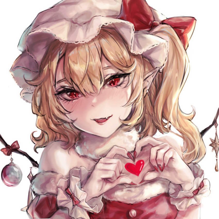 1girl absurdres blonde_hair blush bow dress earrings eyebrows_behind_hair fang finger_heart fingernails flandre_scarlet fur_collar fur_trim hair_between_eyes hat hat_bow highres jewelry kyogoku-uru long_fingernails looking_at_viewer mob_cap one_side_up parted_lips pointy_ears red_bow red_dress red_eyes red_nails sharp_fingernails short_hair simple_background skin_fang solo touhou upper_body wavy_hair white_background wing_ornament wings