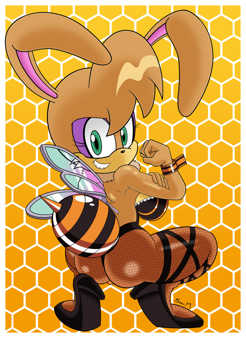 absurd_res anthro archie_comics bee_costume big_breasts big_butt black_and_yellow breasts bunnie_rabbot butt clothing costume female final_fantasy final_fantasy_vii fist_pump flexing flexing_bicep footwear glistening glistening_body green_eyes hexagon hi_res high_heels honey_bee_girl huge_breasts lagomorph leporid mammal mobian_monster netting pattern_background rabbit shoes side_boob simple_background solo sonic_the_hedgehog_(archie) sonic_the_hedgehog_(comics) sonic_the_hedgehog_(series) spread_legs spreading square_enix stinger video_games wide_hips wings wrist_cuff wristband