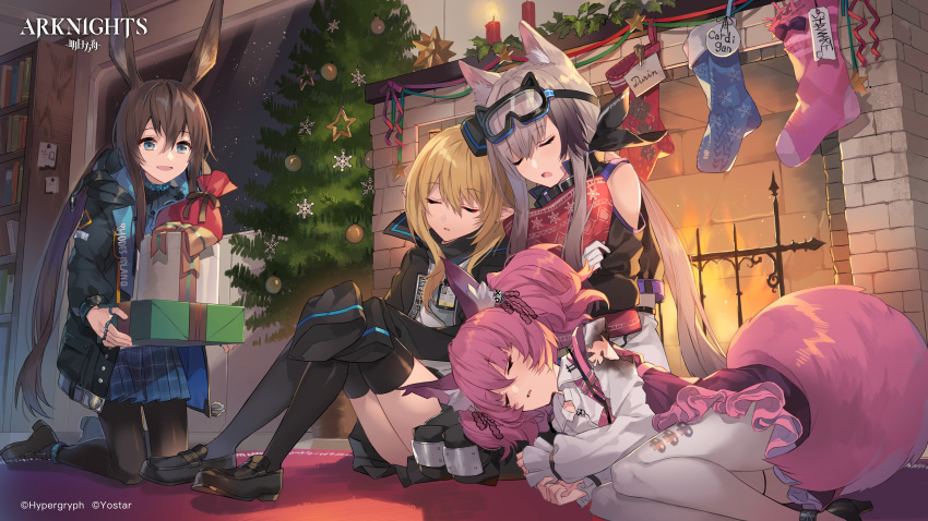 amiya_(arknights) animal_ears arknights blonde_hair blue_eyes brown_hair bunnygirl cardigan_(arknights) christmas durin_(arknights) eihi fire gloves goggles gray_hair group hat long_hair pantyhose pink_eyes pink_hair pointed_ears ponytail shamare_(arknights) sleeping snow tail thighhighs twintails