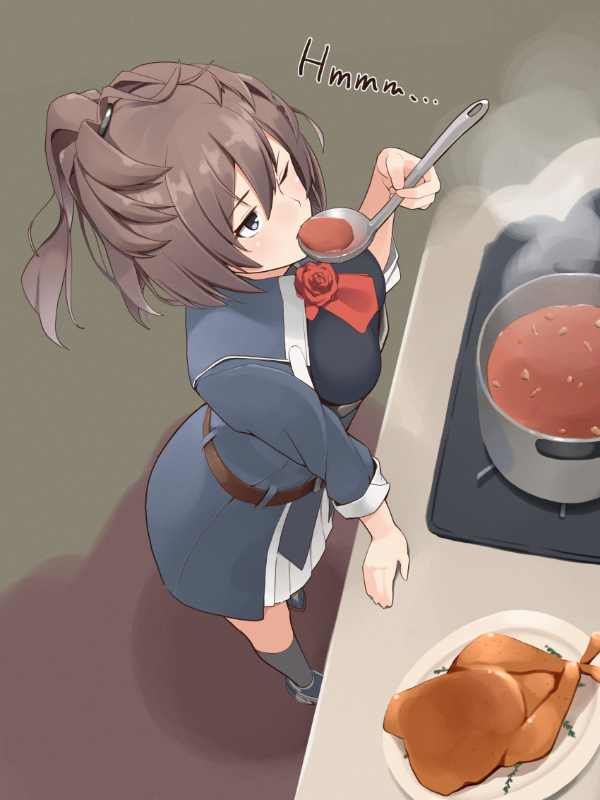 1girl absurdres ascot befu blue_eyes brown_hair flower food from_behind gloves highres kantai_collection ladle long_hair military military_uniform pleated_skirt ponytail pot red_flower red_neckwear red_rose rose sheffield_(kantai_collection) skirt solo standing stove tasting turkey_(food) uniform white_gloves white_skirt