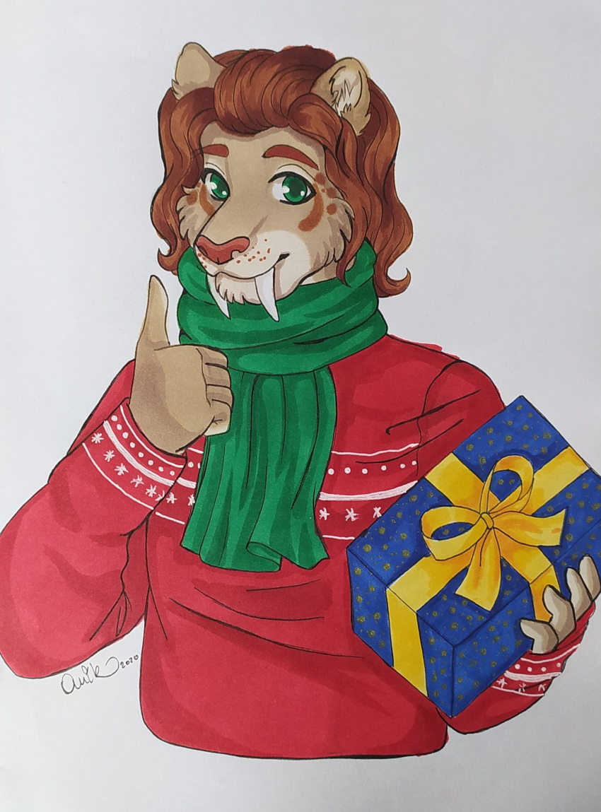 5_fingers anthro christmas clothed clothing felid fingers fur gesture gift green_eyes hair half-length_portrait hand_gesture hi_res holidays looking_at_viewer machairodontinae machairodontine machairodus_aphanistus male mammal portrait q-nik scarf scimitar_toothed_cat smile solo sweater thumbs_up topwear wasmundt_bierman