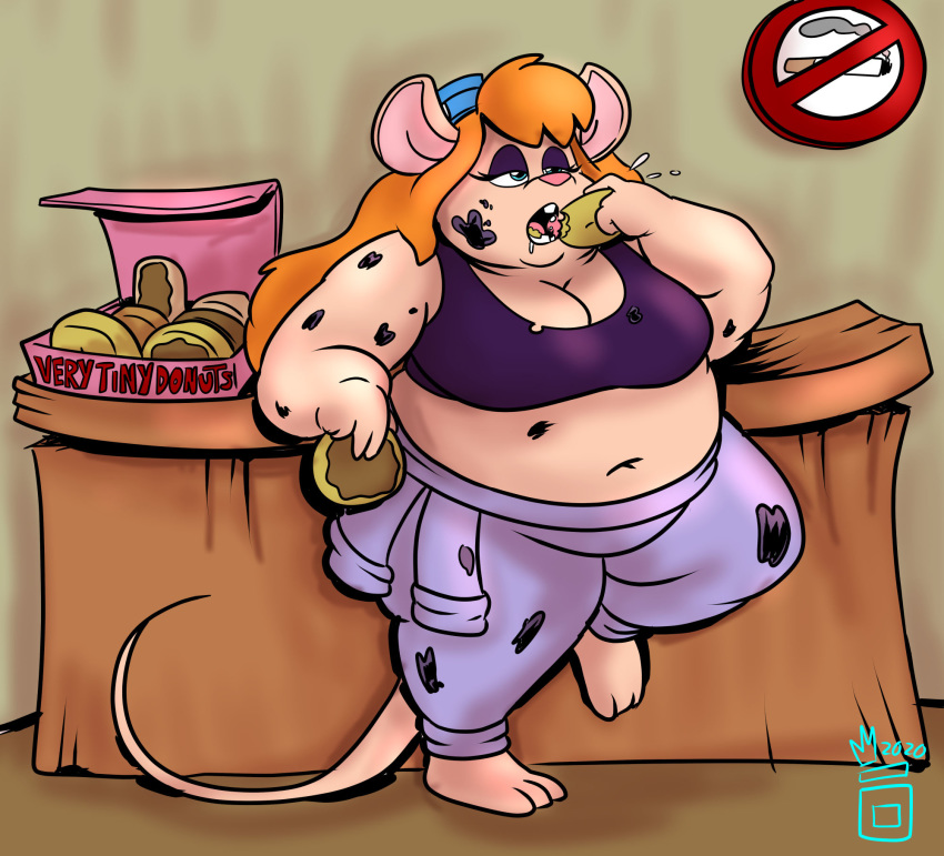 anthro breasts chip_'n_dale_rescue_rangers cleavage clothed clothing dessert disney doughnut female food gadget_hackwrench hi_res mammal mouse murid murine obese obese_anthro obese_female overweight overweight_anthro overweight_female rodent royaljellysandwich solo