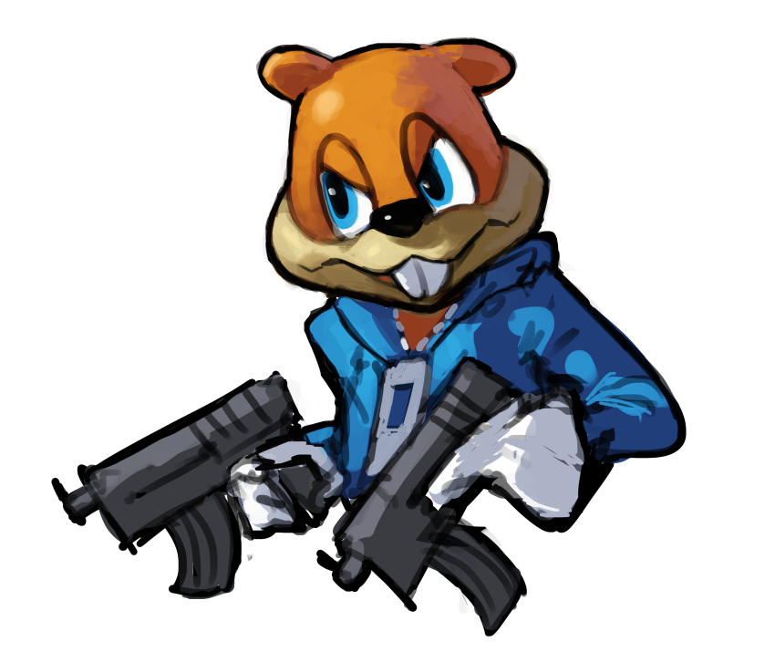 2020 absurd_res anthro buckteeth clothing conker conker's_bad_fur_day digital_media_(artwork) digital_painting_(artwork) gun half-length_portrait hi_res hoodie male mammal multicolored_body narrowed_eyes orange_body portrait ranged_weapon rareware rodent rythaze sciurid simple_background solo tan_body teeth topwear two_tone_body video_games weapon white_background zipper