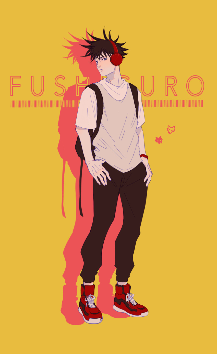 1boy absurdres backpack bag bangs black_hair black_pants blue_eyes character_name dianchi_qiu full_body fushiguro_megumi hair_between_eyes headphones highres jujutsu_kaisen lost_in_paradise male_focus pants red_footwear shirt shoes short_hair short_sleeves silhouette simple_background sneakers solo spiked_hair standing thumbs_in_pockets white_shirt yellow_background