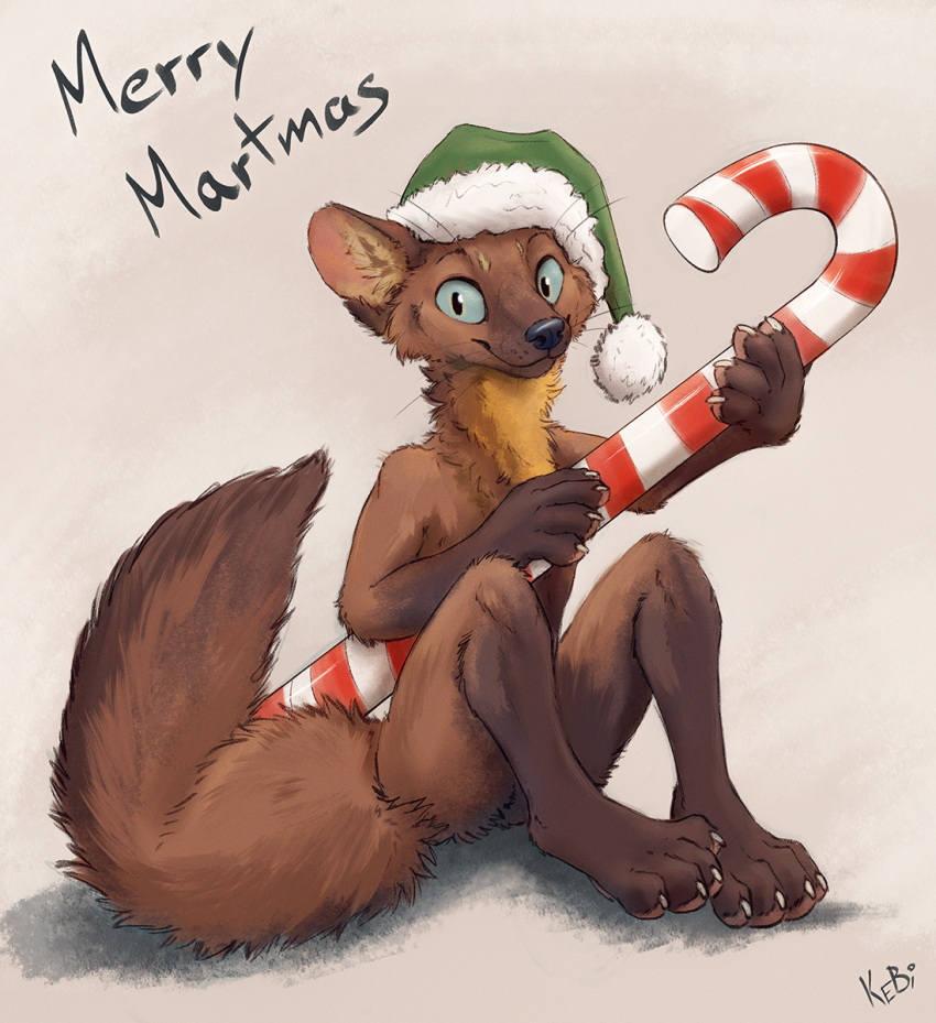 2020 anthro black_nose brown_body brown_fur christmas christmas_clothing christmas_headwear claws clothing english_text fluffy fluffy_tail fur hat hat_only headgear headgear_only headwear headwear_only hi_res holding_object holidays kebi kebi_(character) looking_at_viewer male mammal marten mostly_nude mustelid musteline pine_marten santa_hat simple_background sitting smile solo text toe_claws whiskers