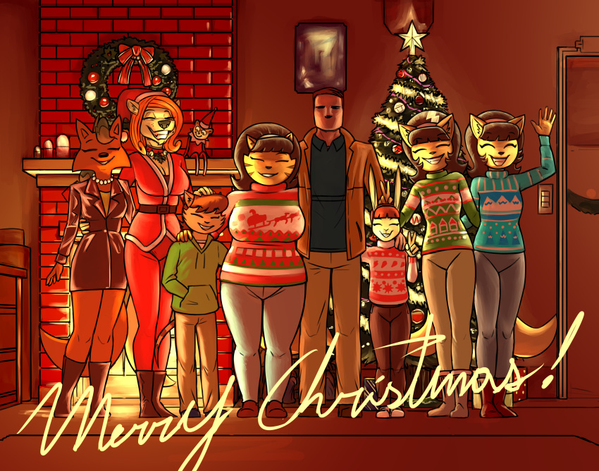 2020 absurd_res alternate_version_at_source annie_hill anthro black_hair boots bottomwear breasts brown_hair canid canine christmas christmas_clothing christmas_headwear christmas_sweater christmas_topwear christmas_tree cleavage clothed clothing cougar counting_cougar digital_media_(artwork) domestic_cat english_text eyes_closed fan_character felid feline felis female fireplace floor footwear fox grin group hair hat headgear headwear hi_res holidays hoodie human inside jacket jewelry josh_kass katty_katswell kitty_katswell lagomorph leporid male mammal merry_christmas mrs._katswell necklace nickelodeon orange_hair pants phonics_fox plant rabbit redout santa_hat shoes smile sweater t.u.f.f._puppy teeth text topwear tree wreath young