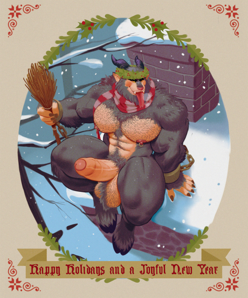 anthro balls beard big_balls big_penis body_hair bovid caprine caprine_demon chest_hair christmas demon english_text erection facial_hair foreskin fur genitals hairy_balls hi_res holidays hooves horn krampus long_tongue male mammal muscular muscular_anthro muscular_male nipple_piercing nipples outside pecs penis piercing pubes scarf shoegaze. sitting snow solo text thick_thighs tongue uncut