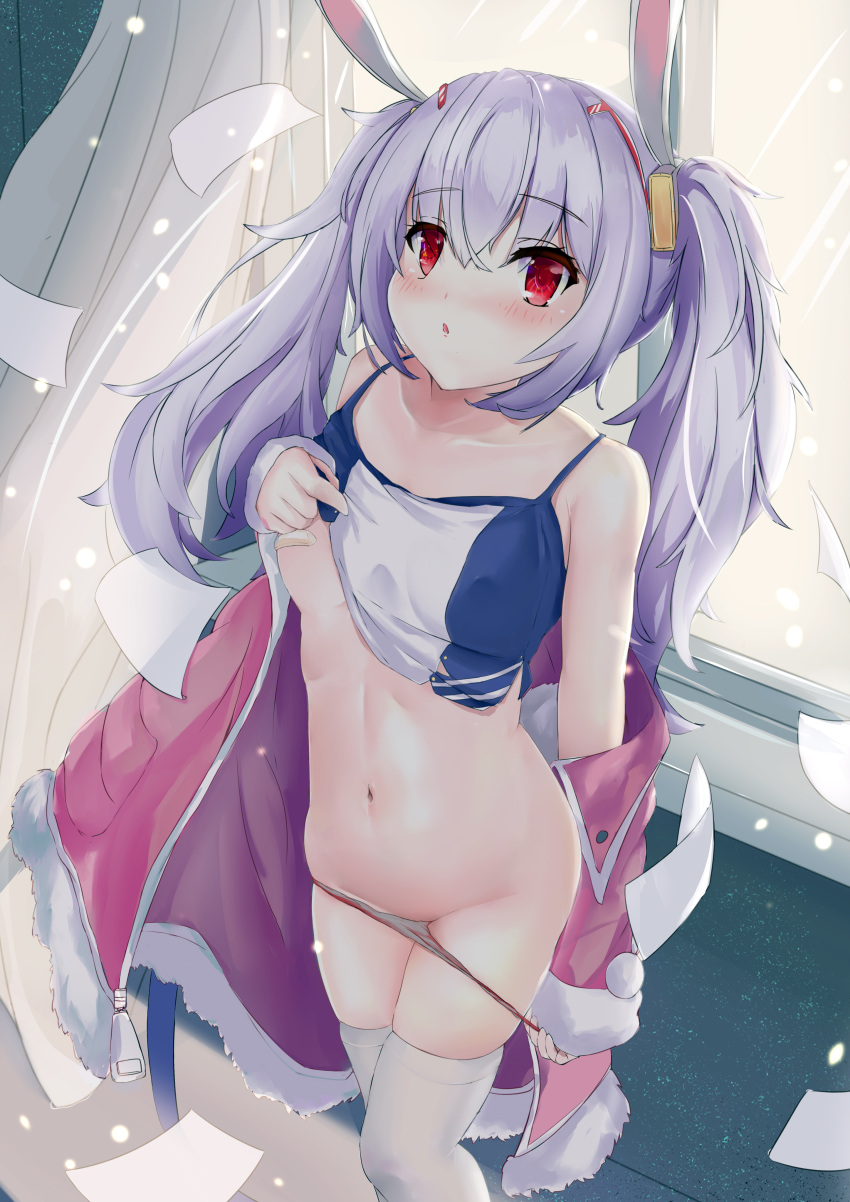 1girl :o absurdres animal_ears azur_lane bandaid bandaids_on_nipples bangs bare_shoulders blush breasts bunny_ears chinese_commentary collarbone commentary_request crossed_bangs curtains dutch_angle eyebrows_visible_through_hair fake_animal_ears from_above hair_between_eyes highres indoors jacket laffey_(azur_lane) lifted_by_self light_purple_hair long_hair looking_at_viewer navel no_pants off_shoulder open_mouth panties panty_pull pasties pink_jacket pulled_by_self red_eyes revision semisweet shirt_lift sidelocks small_breasts solo spaghetti_strap standing stomach thighhighs twintails underboob underwear undressing very_long_hair white_legwear window