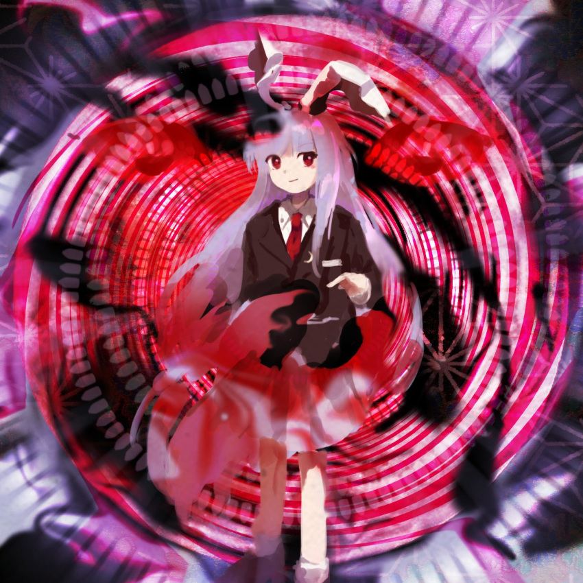 1girl animal_ears bangs black_jacket blazer blouse blush bright_pupils bullet bunny_ears circle closed_mouth collared_blouse commentary crescent crescent_moon_pin danmaku eyes feet_out_of_frame glowing glowing_eyes hallucination highres jacket kaigen_1025 light_purple_hair long_hair long_sleeves necktie parody pink_eyes pink_skirt red_eyes red_neckwear reisen_udongein_inaba sidelocks skirt smirk solo spell_card style_parody touhou transparent very_long_hair white_blouse zun_(style)