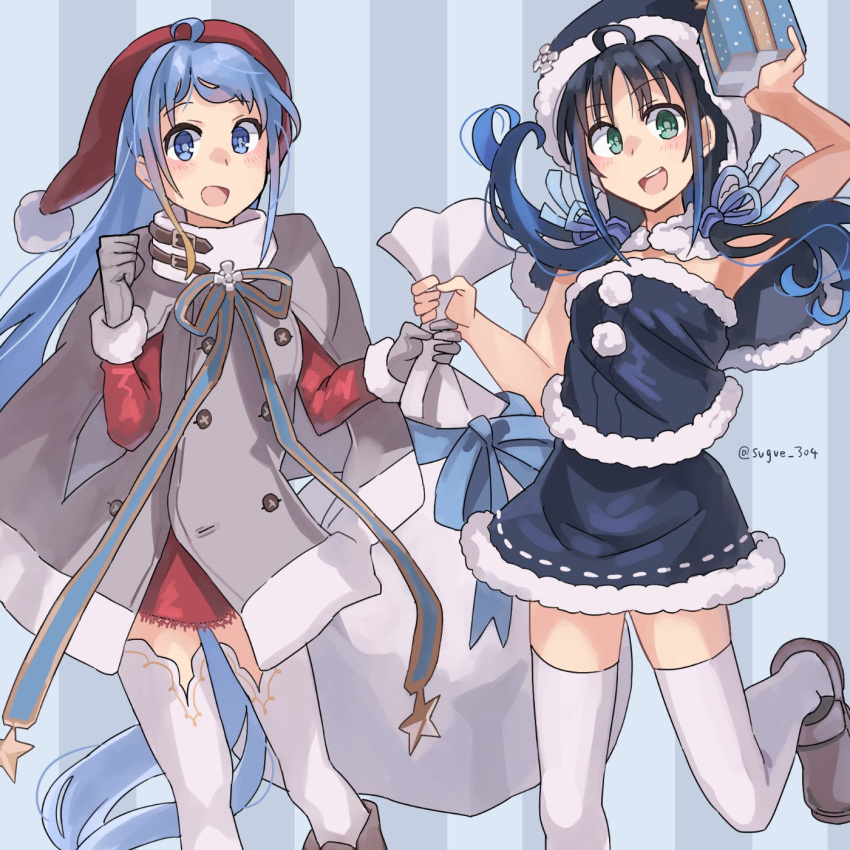 2girls black_capelet black_skirt blue_eyes blue_hair blush box brown_footwear buttons capelet christmas coat cosplay eyebrows_visible_through_hair gift gift_box gloves gotland_(kantai_collection) gotland_(kantai_collection)_(cosplay) green_eyes grey_coat grey_gloves hat highres holding holding_gift kantai_collection long_hair multiple_girls open_mouth pom_pom_(clothes) sack samidare_(kantai_collection) santa_costume santa_hat shoes skirt smile star_(symbol) sugue_tettou suzukaze_(kantai_collection) thighhighs twitter_username upper_teeth v-shaped_eyebrows very_long_hair white_legwear