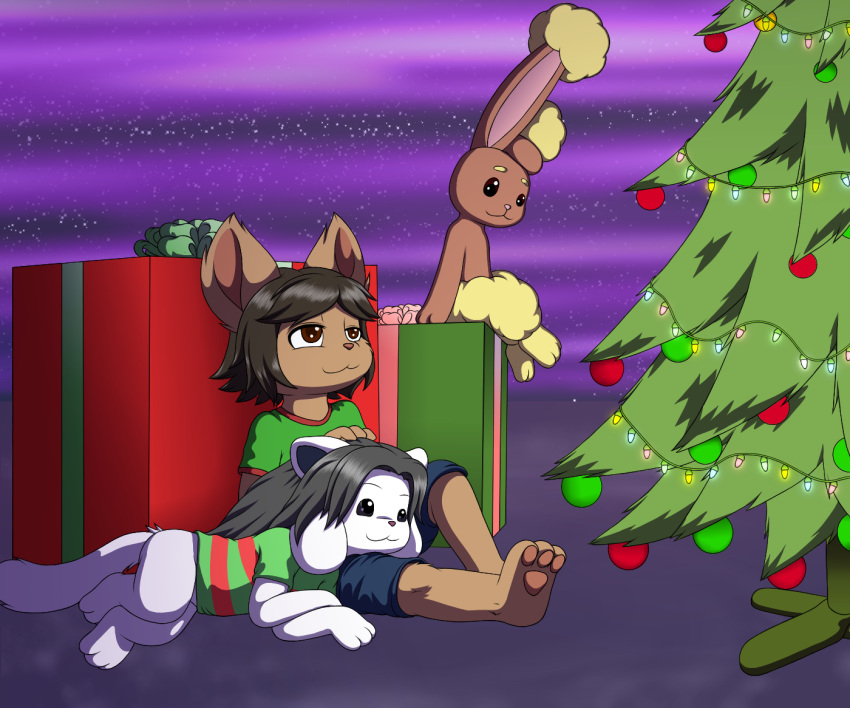 ambiguous_gender anthro black_hair bottomless brown_body brown_fur buneary canid canine christmas christmas_tree clothed clothed_feral clothing felid feline feral fully_clothed fur group hair holidays lagomorph mammal nintendo plant pok&eacute;mon pok&eacute;mon_(species) tem temmie_(undertale) tree undertale video_games white_body white_fur yacteruc1