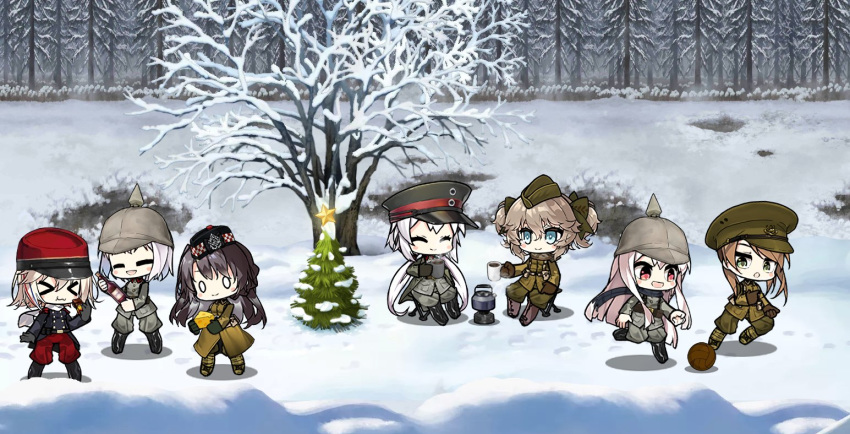 &gt;_&lt; 6+girls ball bangs belt belt_pouch black_footwear black_hair blonde_hair boots bottle bow brown_footwear brown_hair c96_(girls_frontline) chauchat_(girls_frontline) cheese chibi chocolate christmas christmas_tree closed_eyes coffee coffee_mug commentary crater cup eating english_commentary food garrison_cap girls_frontline gloves green_eyes hair_bow hair_ornament hat helmet holding jacket kar98k_(girls_frontline) lee-enfield_(girls_frontline) lewis_(girls_frontline) long_hair military military_uniform mini_hat mug multiple_girls o_o outdoors p08_(girls_frontline) pouch red_eyes red_hair scarf sidelocks silver_hair smile snow soccer soccer_ball sprite_art star_(symbol) teapot the_mad_mimic truce twintails two_side_up uniform very_long_hair webley_revolver_(girls_frontline) wine_bottle world_war_i