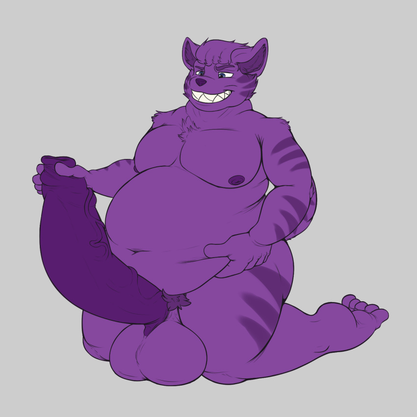 1:1 2020 anthro belly big_belly big_penis bigballs crotch_tuft domestic_cat erection felid feline felis flat_colors fur genitals grey_background hi_res huge_penis humanoid_genitalia humanoid_penis kneeling male mammal overweight overweight_anthro overweight_male penis purple_body purple_fur purple_penis rokie38 simple_background solo tuft white_background