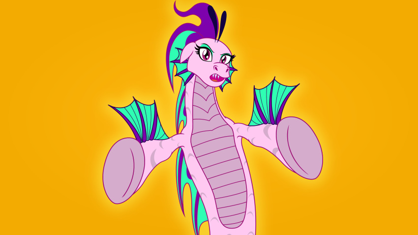 absurd_res aria_blaze_(eg) badumsquish equestria_girls eyeshadow fangs female green_eyeshadow hasbro hi_res hooves looking_at_viewer makeup my_little_pony outstretched_arms purple_eyes sharp_teeth simple_background siren solo teeth yellow_background