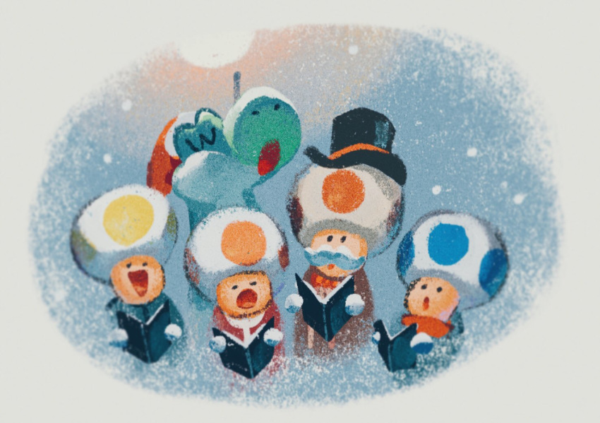 2020 ambiguous_gender anthro book bow_tie christmas christmas_clothing christmas_headwear clothed clothing coat everydaylouie facial_hair fungus green_yoshi group hat headgear headwear holidays male mario_bros mushroom mustache nintendo open_mouth outside santa_hat scalie singing snow snowing toad_(mario) toadsworth top_hat topwear video_games yoshi