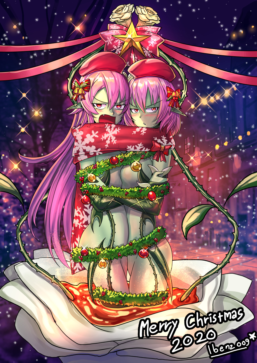 &gt;:( 2girls absurdres alraune annoyed bell blush bow christmas christmas_ornaments colored_skin dated english_commentary eyebrows_visible_through_hair fang flower green_skin hat highres huge_filesize ibenz009 leaf liliraune_(monster_girl_encyclopedia) long_hair long_pointy_ears medium_hair mistletoe monster_girl multiple_girls nectar open_mouth original plant plant_girl pointy_ears purple_hair red_eyes scarf signature snow snowflake_print star_(symbol) vines