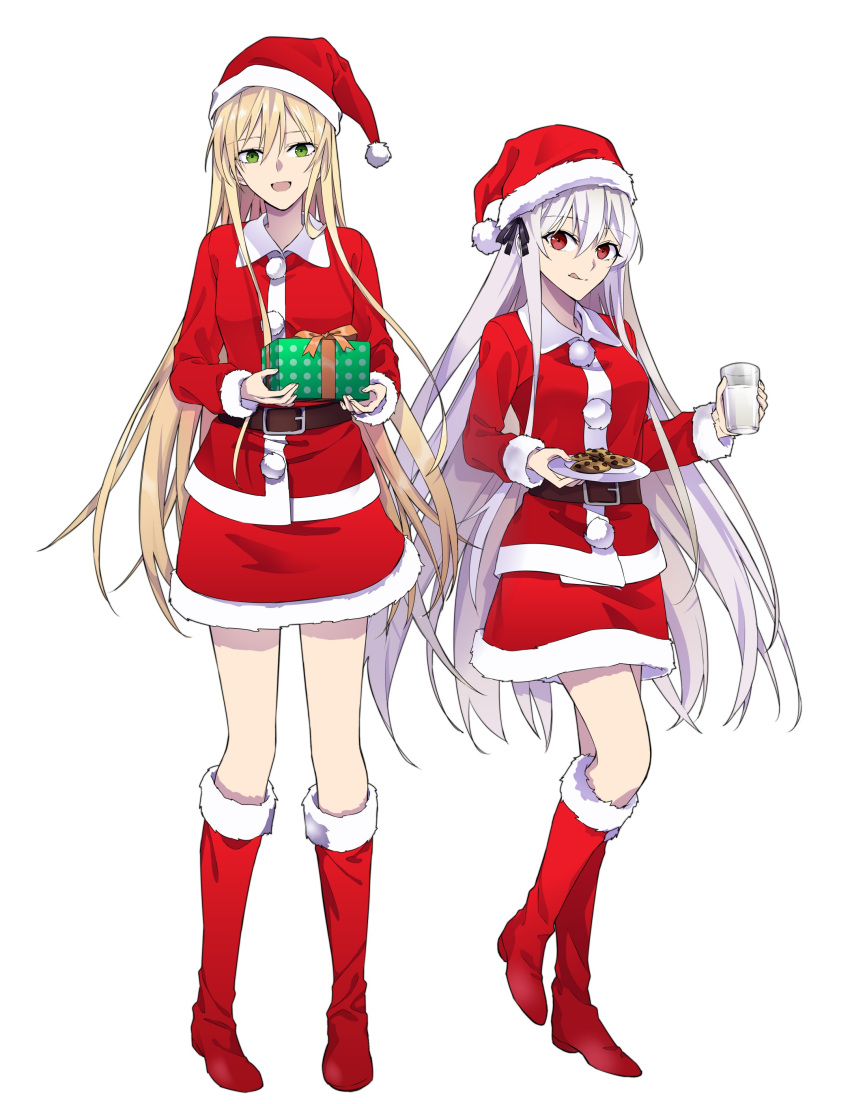 2girls absurdres belt blonde_hair boots cookie food full_body gift girls_frontline green_eyes hat highres kar98k_(girls_frontline) knee_boots milk multiple_girls red_hair santa_costume santa_hat silver_hair stg44_(girls_frontline) suprii