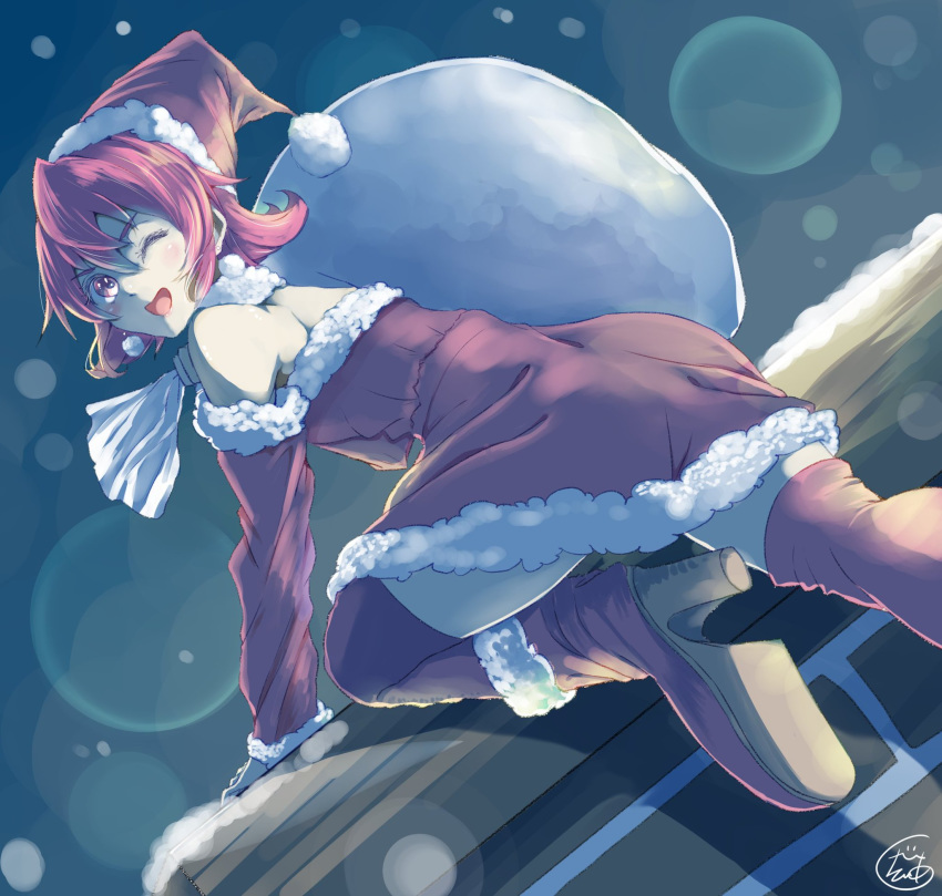 1girl ;d aida_mana bare_shoulders boots chimney christmas climbing commentary_request detached_sleeves dokidoki!_precure dress dutch_angle earrings eyebrows_visible_through_hair from_behind fur_choker fur_trim g_tear hair_between_eyes hat high_heel_boots high_heels highres holding holding_sack jewelry light_particles looking_at_viewer looking_back night one_eye_closed open_mouth outdoors partial_commentary precure red_dress red_footwear red_headwear red_legwear red_sleeves rooftop sack santa_costume santa_hat short_hair signature smile solo strapless strapless_dress thighhighs