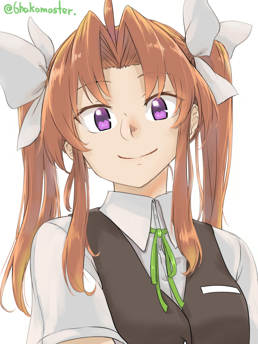 1girl ahoge brown_hair commentary_request grey_vest hair_ribbon highres kagerou_(kantai_collection) kantai_collection looking_at_viewer purple_eyes remodel_(kantai_collection) ribbon roppako school_uniform shirt short_sleeves simple_background smile solo twintails twitter_username upper_body vest white_background white_ribbon white_shirt