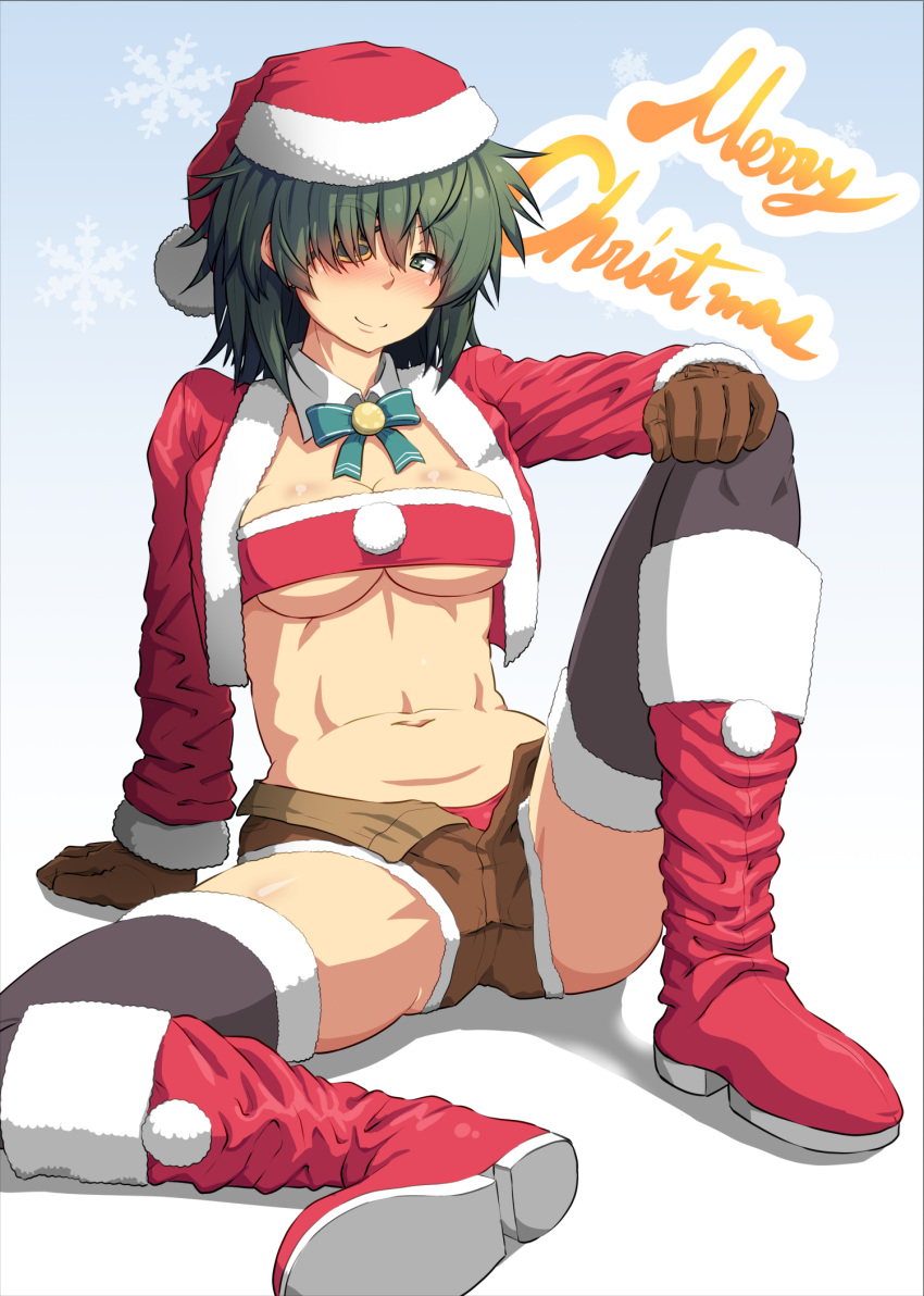 1girl arm_support bangs black_legwear blue_background blush boots breasts brown_gloves brown_shorts cleavage commentary_request cropped_jacket detached_collar eyebrows_visible_through_hair eyepatch full_body fur-trimmed_jacket fur_trim gloves green_eyes green_hair green_neckwear hair_between_eyes hand_on_own_knee hat highres jacket kantai_collection kiso_(kantai_collection) knee_boots knee_up long_sleeves looking_at_viewer medium_breasts medium_hair merry_christmas midriff navel neck_ribbon nokishita_kumoemon nose_blush open_clothes open_fly open_jacket panties red_footwear red_headwear red_jacket red_panties red_tubetop remodel_(kantai_collection) ribbon santa_boots santa_costume santa_hat shadow short_shorts shorts sidelocks sitting smile snowflake_background solo strapless thighhighs toned tubetop underboob underwear white_background