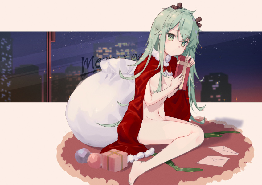 1girl bangs barefoot box breasts cloak commentary_request date_a_live eyebrows_visible_through_hair fur-trimmed_cloak fur_trim gift gift_box green_eyes green_hair hair_between_eyes highres holding holding_gift long_hair merry_christmas mo_(pixiv9929995) naked_cloak natsumi_(date_a_live) navel red_cloak sack small_breasts solo very_long_hair window